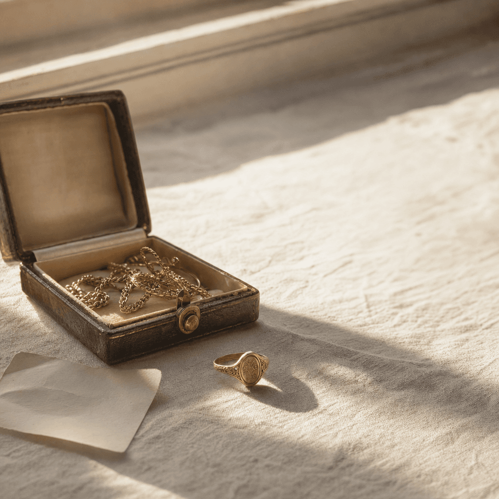 An open jewelry box on linen, sunlight catching a gold signet ring